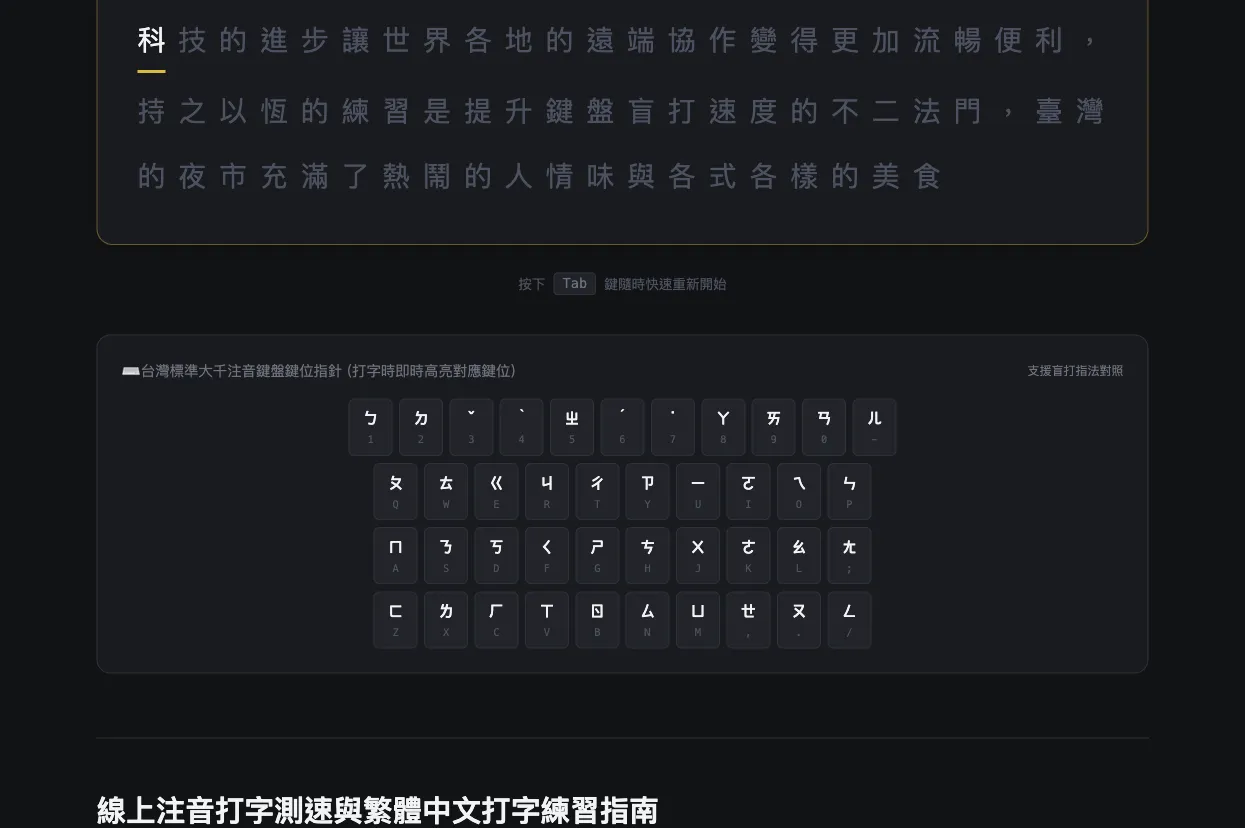 标准大千注音键盘:打字时实时高亮对应键位,方便练习盲打指法。